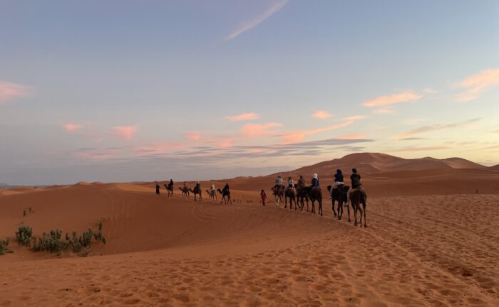 Camel caravan crossing Merzouga sand dunes at sunset on a 3-day Sahara desert tour from Marrakech