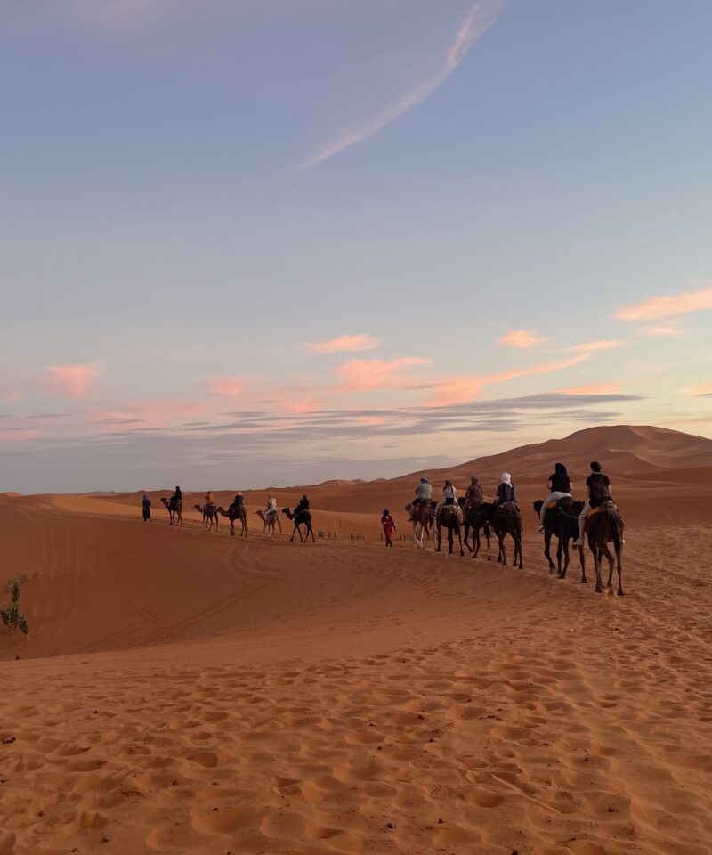 Camel caravan crossing Merzouga sand dunes at sunset on a 3-day Sahara desert tour from Marrakech