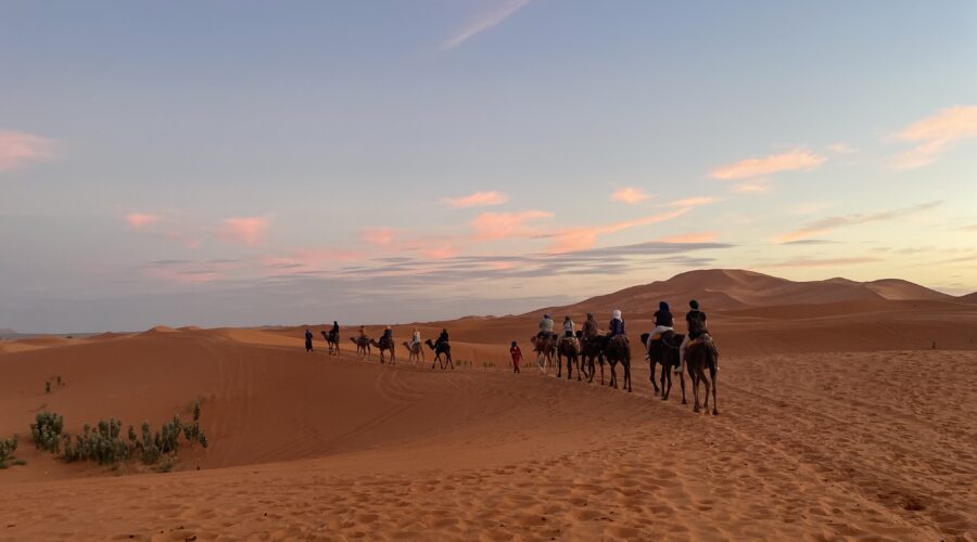 Camel caravan crossing Merzouga sand dunes at sunset on a 3-day Sahara desert tour from Marrakech